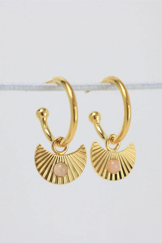 Image of Jewelry. Product name - Moon Gazer 18k Gold Plate with Blush Pink Stone Hoop Earring in Pink colour by brand - Love Lunamei