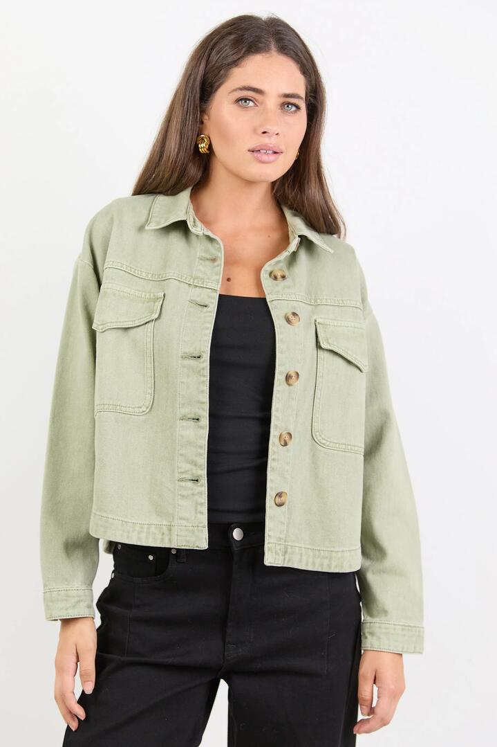 Image of Coats & Jackets. Product name - Echo Khaki Patch Pocket Denim Jacket in Khaki colour by brand - Among the Brave