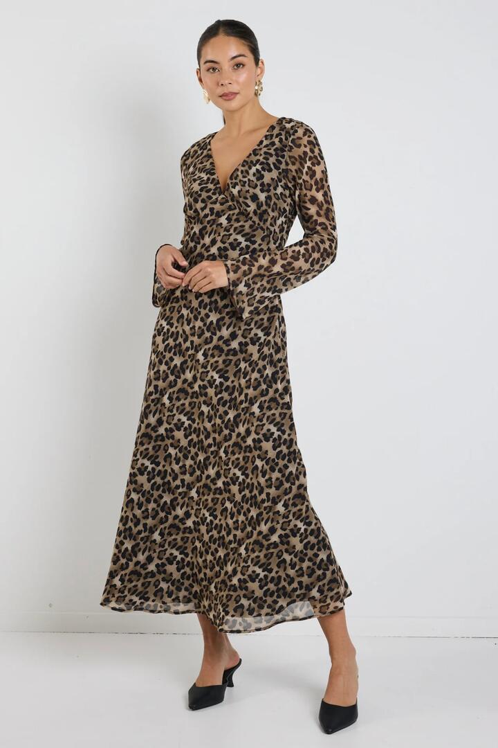 Image of Dresses. Product name - Chateau Leopard Georgette Fluted Sleeve V Bias Midi Dress in Leopard colour by brand - Among the Brave