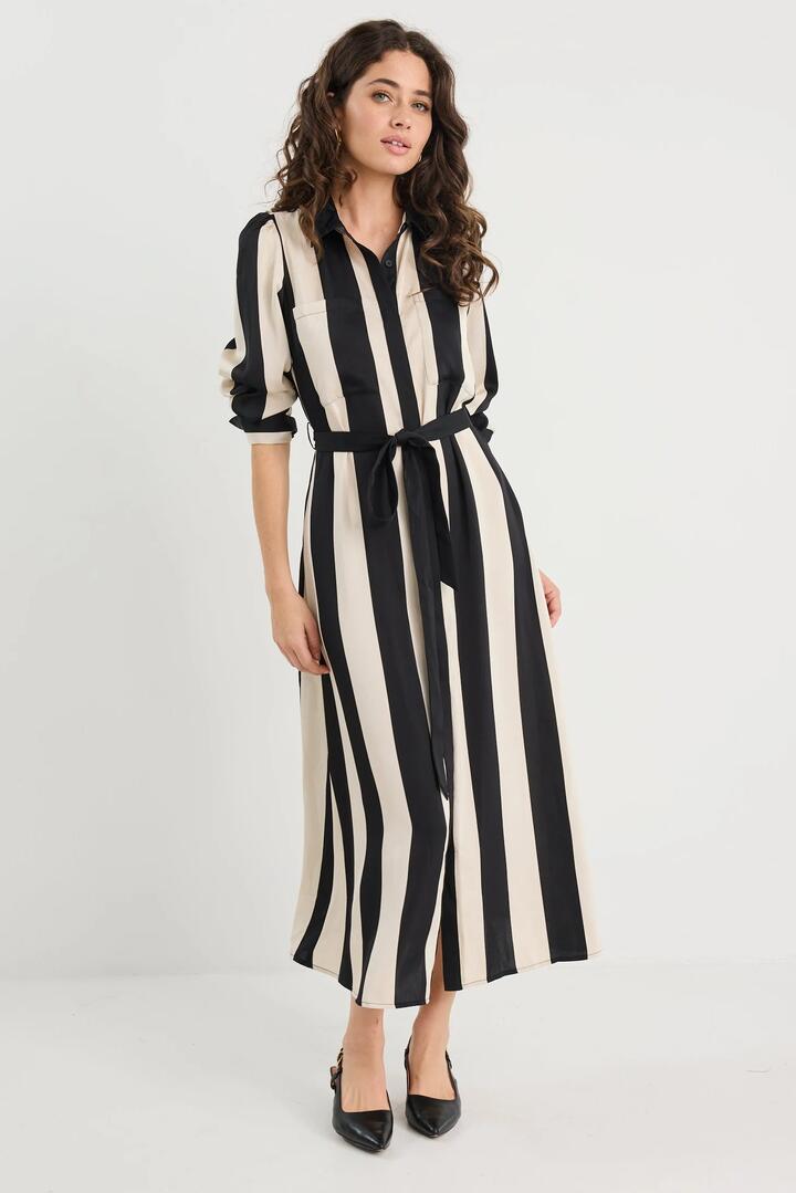 Image of Dresses. Product name - Cyprus Black Sand Stripe Satin LS Shirt Midi Dress in Black Sand Stripe colour by brand - Among the Brave