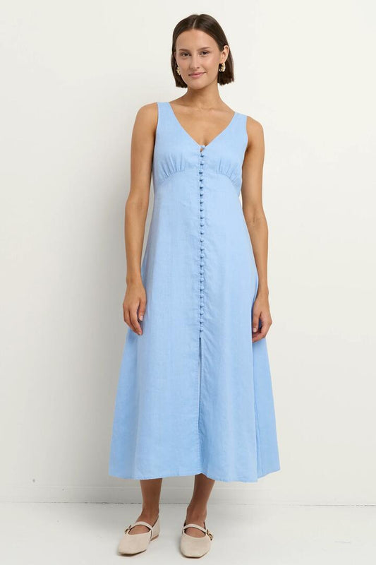 Image of Dresses. Product name - Panama Sky Blue Linen Sleeveless Button Front Midi Dress in Sky Blue colour by brand - Among the Brave