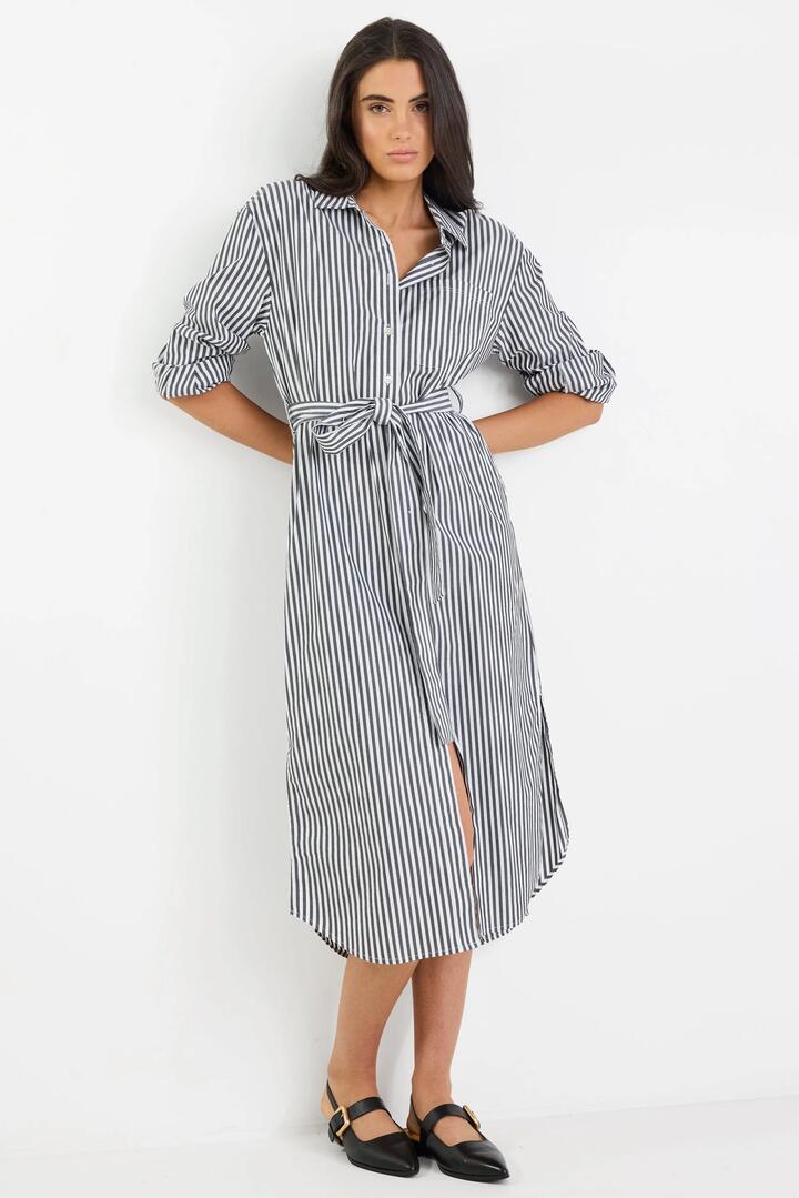 Image of Dresses. Product name - Forward Black Stripe Cotton Midi Shirt Dress in Black Stripe colour by brand - Stories be Told