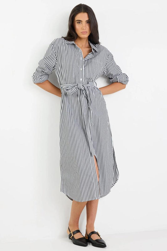 Image of Dresses. Product name - Forward Black Stripe Cotton Midi Shirt Dress in Black Stripe colour by brand - Stories be Told