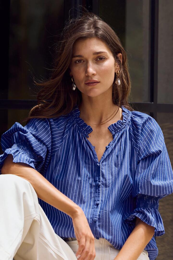 Image of a model wearing Tops. Product name - Noetic Dark Blue Stripe Short Sleeve Blouse in Dark Blue Stripe colour by brand - Ivy + Jack