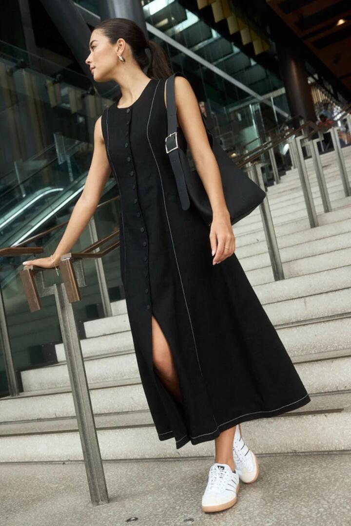 Image of Dresses. Product name - Guide Black Contrast Stitch Maxi Vest Dress in Black colour by brand - RE:UNION Label