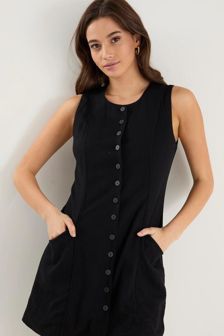 Image of Dresses. Product name - Escape Black Linen Blend Mini Vest Dress in Black colour by brand - RE:UNION Label