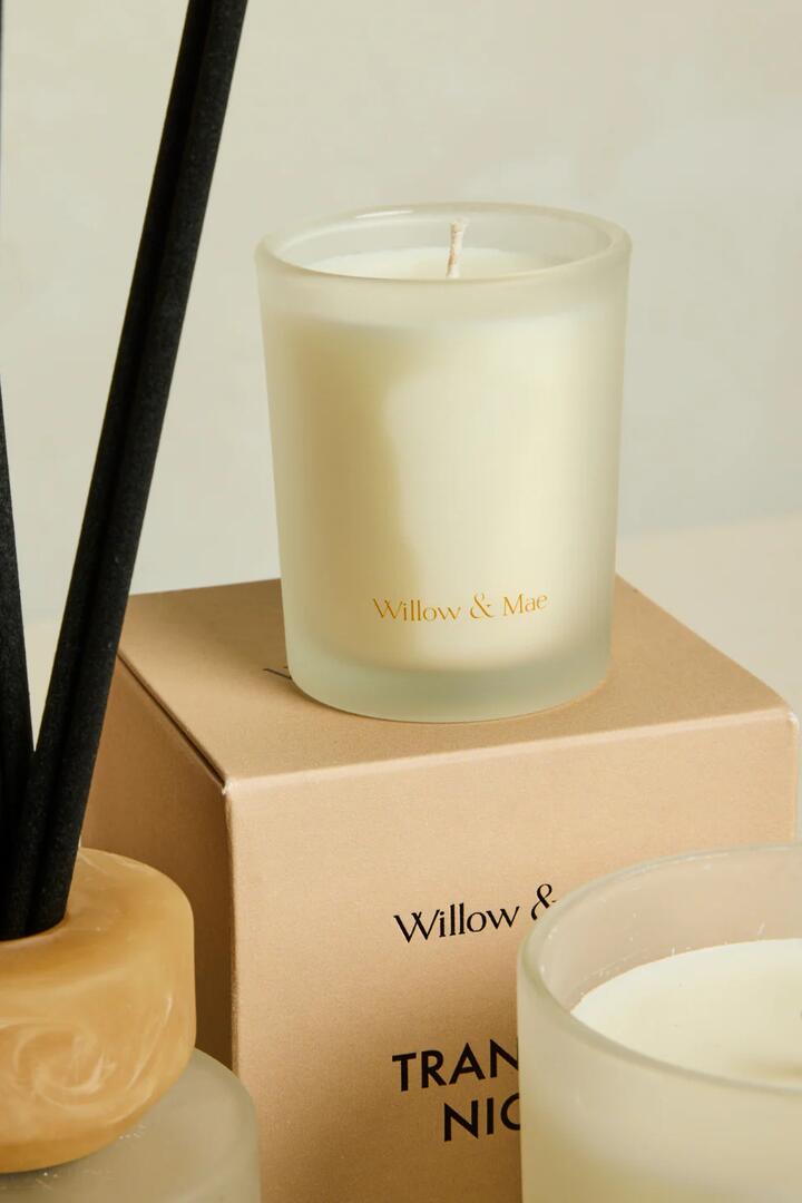 Image of Perfumes & Colognes. Product name - Tranquil Night Spiced Sandalwood + Amber 60g Soy Candle in Tan colour by brand - Willow & Mae