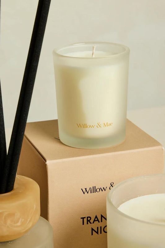 Image of Perfumes & Colognes. Product name - Tranquil Night Spiced Sandalwood + Amber 60g Soy Candle in Tan colour by brand - Willow & Mae