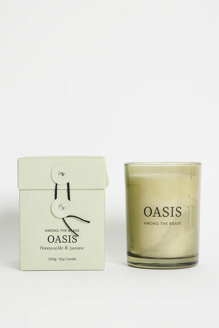 Image of Perfumes & Colognes. Product name - Oasis Honeysuckle Jasmine 250g Soy Candle in Green colour by brand - Among the Brave