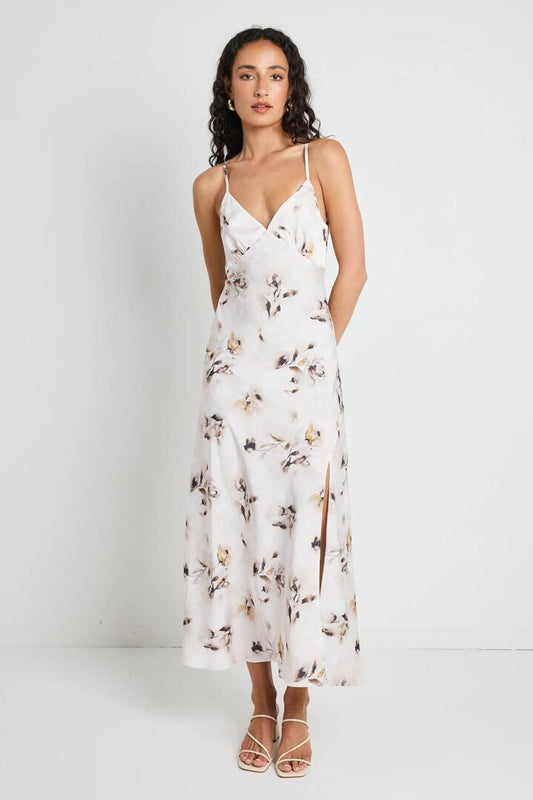 Image of Dresses. Product name - Otherworldly Champagne Floral Satin Bias Slip Midi Dress in Champagne Floral colour by brand - Among the Brave