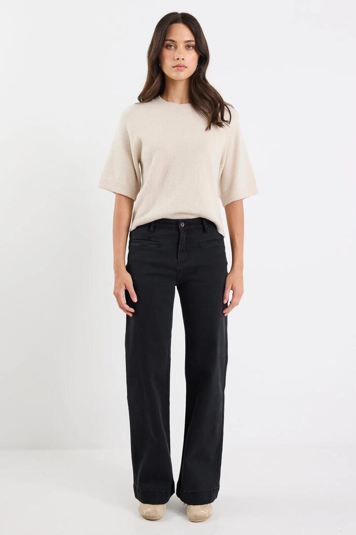 Image of Jeans. Product name - Concert Black Mid Rise Wide Leg Welt Pocket Jean in Black colour by brand - Stories be Told