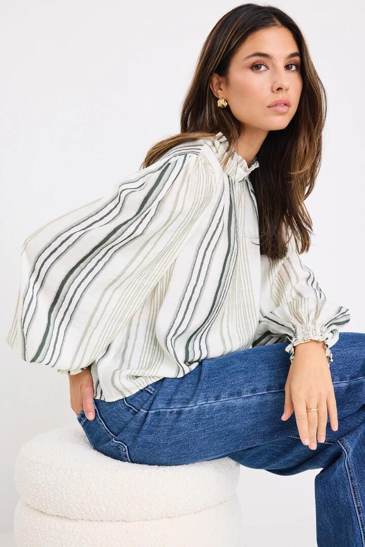 Image of a model wearing Tops. Product name - Poet Forest Stripe Long Sleeve High Neck Top in Forest Stripe colour by brand - By Rosa.