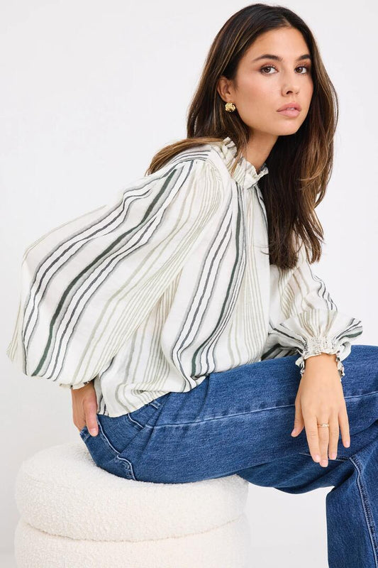 Image of a model wearing Tops. Product name - Poet Forest Stripe Long Sleeve High Neck Top in Forest Stripe colour by brand - By Rosa.