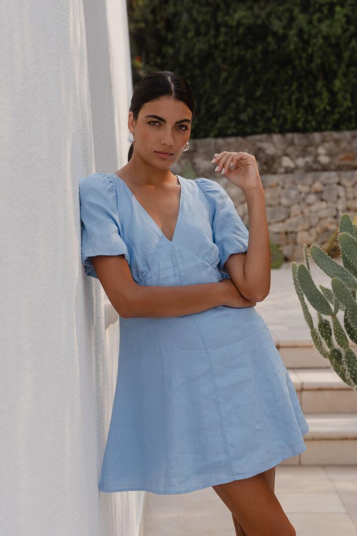 Image of Dresses. Product name - Adelaide Sky Blue Linen Puff Sleeve Panelled Mini Dress in Sky Blue colour by brand - Among the Brave