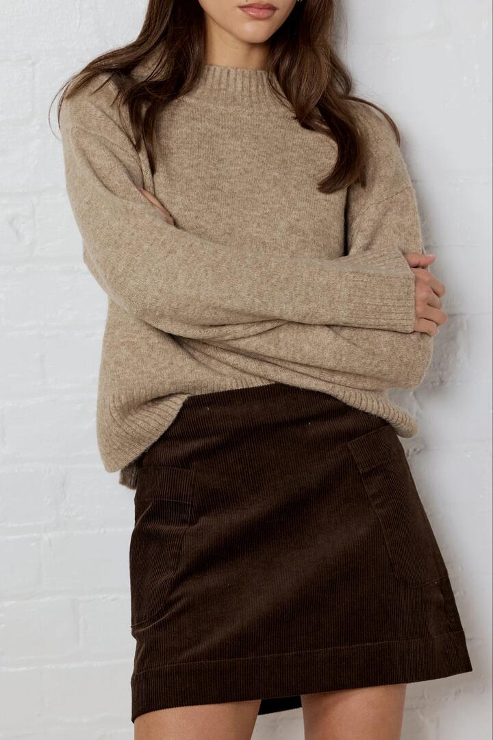 Image of a model wearing Skirts. Product name - Valid Chocolate Cord Mini Skirt in Chocolate colour by brand - Among the Brave