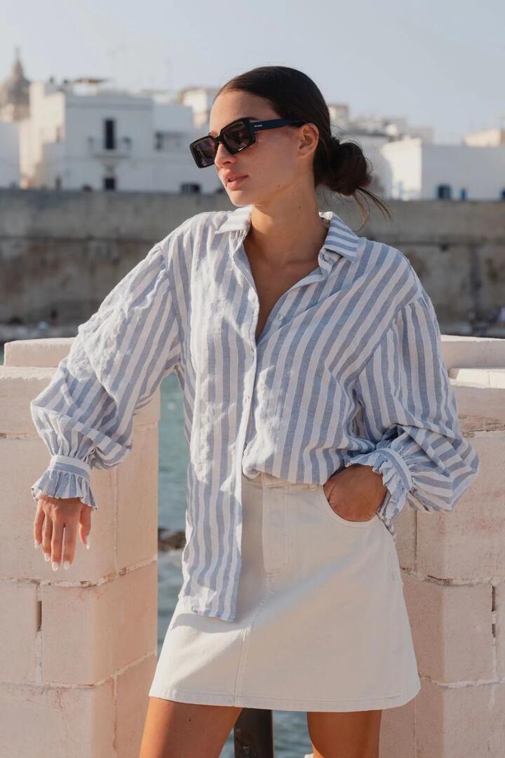 Image of Shirts. Product name - Connection Blue Stripe Drop Shoulder LS Shirt in Blue Stripe colour by brand - By Rosa.