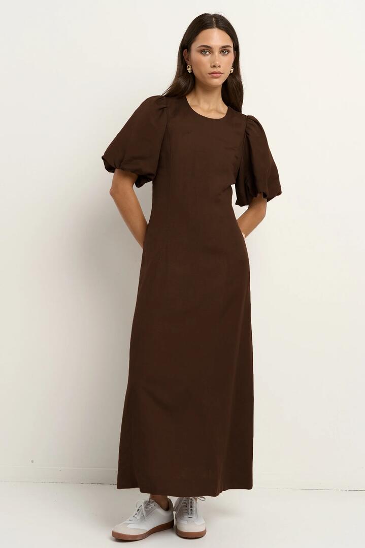 Image of Dresses. Product name - Indulgent Chocolate Puff Sleeve Relaxed Midi Dress in Chocolate colour by brand - RE:UNION Label