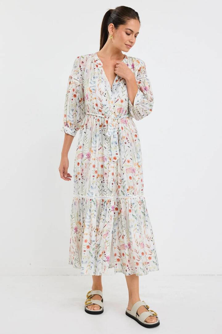 Image of Dresses. Product name - Wisdom Cream Floral Balloon Sleeve Midi Shirt Dress in Cream Floral colour by brand - By Rosa.