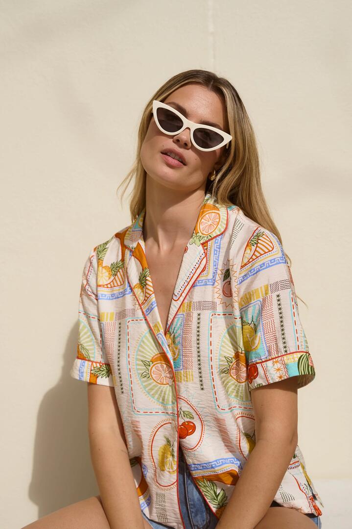 Image of Shirts. Product name - Destination Cream Tropical Postcard SS Shirt in Tropical Postcard colour by brand - By Rosa.