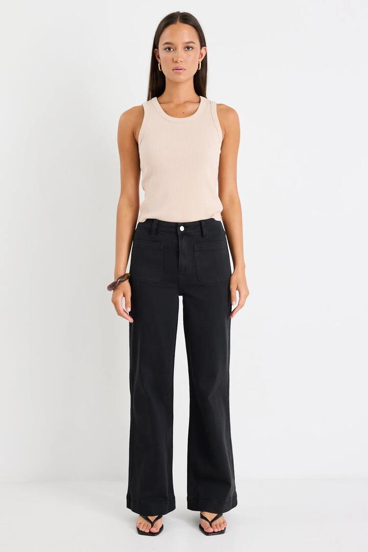 Image of Jeans. Product name - Zoey Black Denim High Rise Wide Leg Pocket Jean in Black colour by brand - Among the Brave