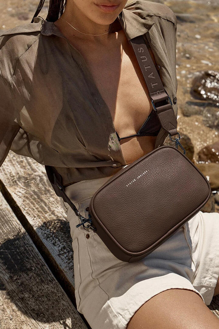 Image of Bags. Product name - Plunder Cocoa Crossbody Bag Webbed Strap in colour by brand - Status Anxiety