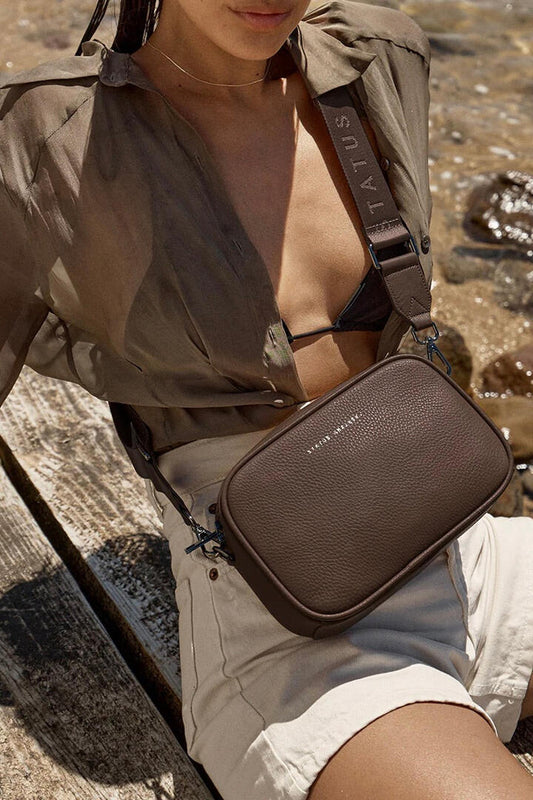 Image of Bags. Product name - Plunder Cocoa Crossbody Bag Webbed Strap in colour by brand - Status Anxiety