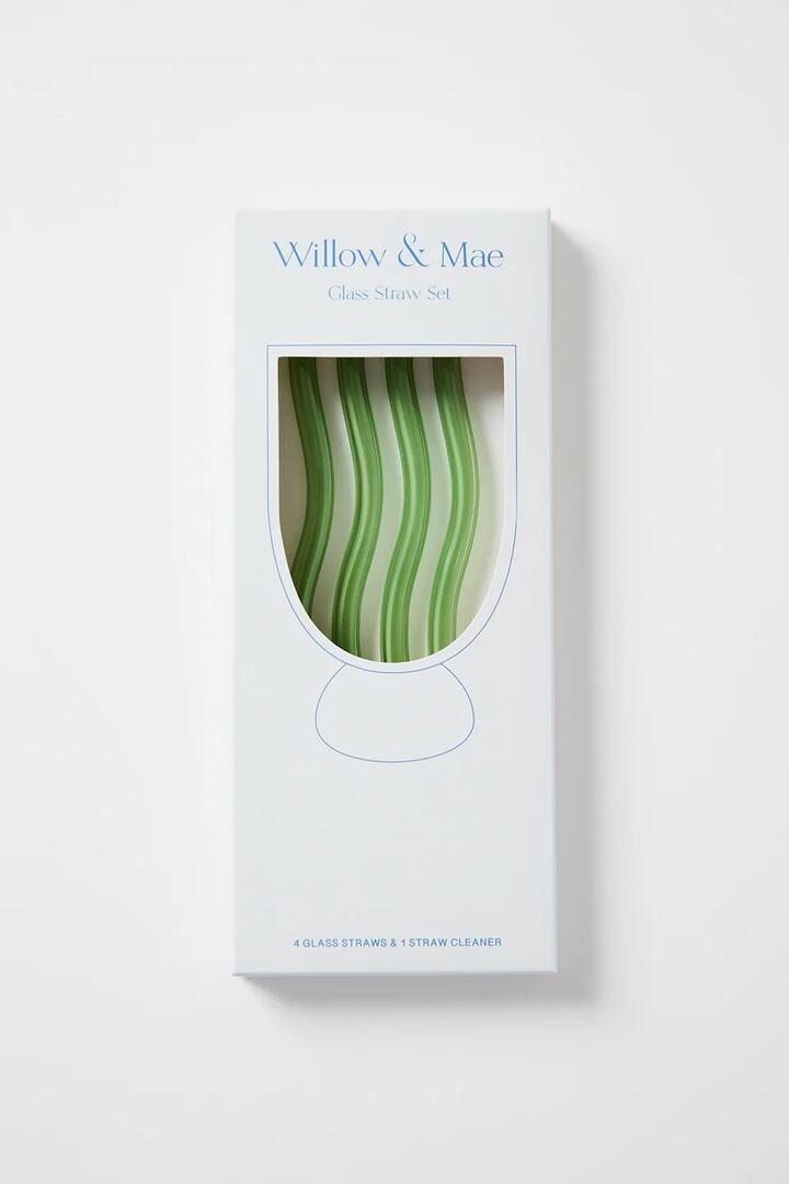 Image of Kitchen & Dining. Product name - Green Curvy Reuseable Pk 4 Glass Drinking Straws in Green colour by brand - Willow & Mae