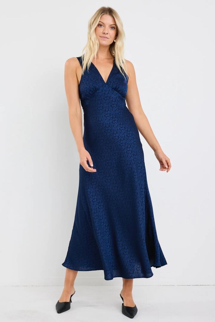 Image of Dresses. Product name - Aston Ink Jacquard Satin Bias Flared Maxi Dress in Ink Jacquard colour by brand - Stories be Told