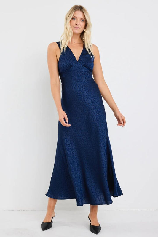 Image of Dresses. Product name - Aston Ink Jacquard Satin Bias Flared Maxi Dress in Ink Jacquard colour by brand - Stories be Told