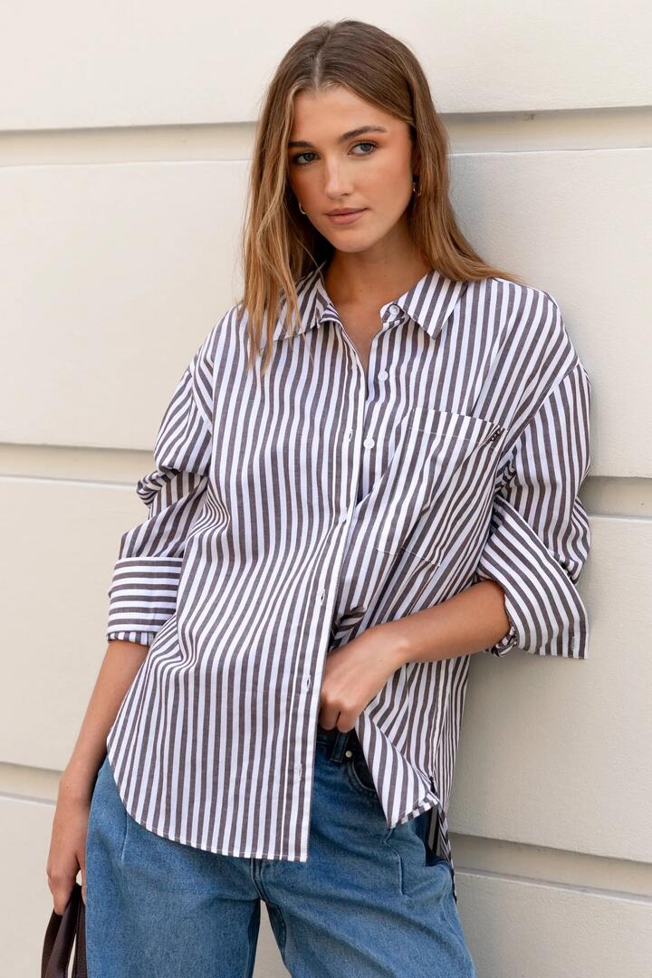 Image of Shirts. Product name - You Got This Chocolate Stripe Oversized Shirt in Chocolate Stripe colour by brand - Stories be Told