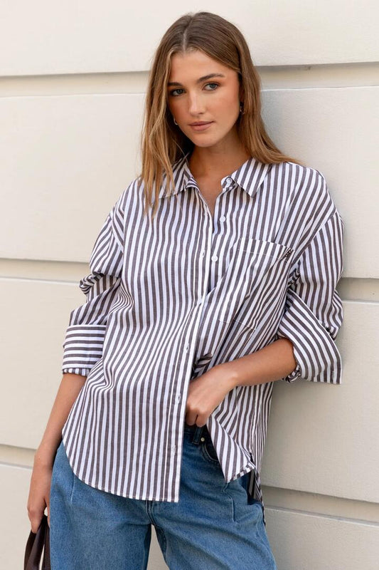 Image of Shirts. Product name - You Got This Chocolate Stripe Oversized Shirt in Chocolate Stripe colour by brand - Stories be Told