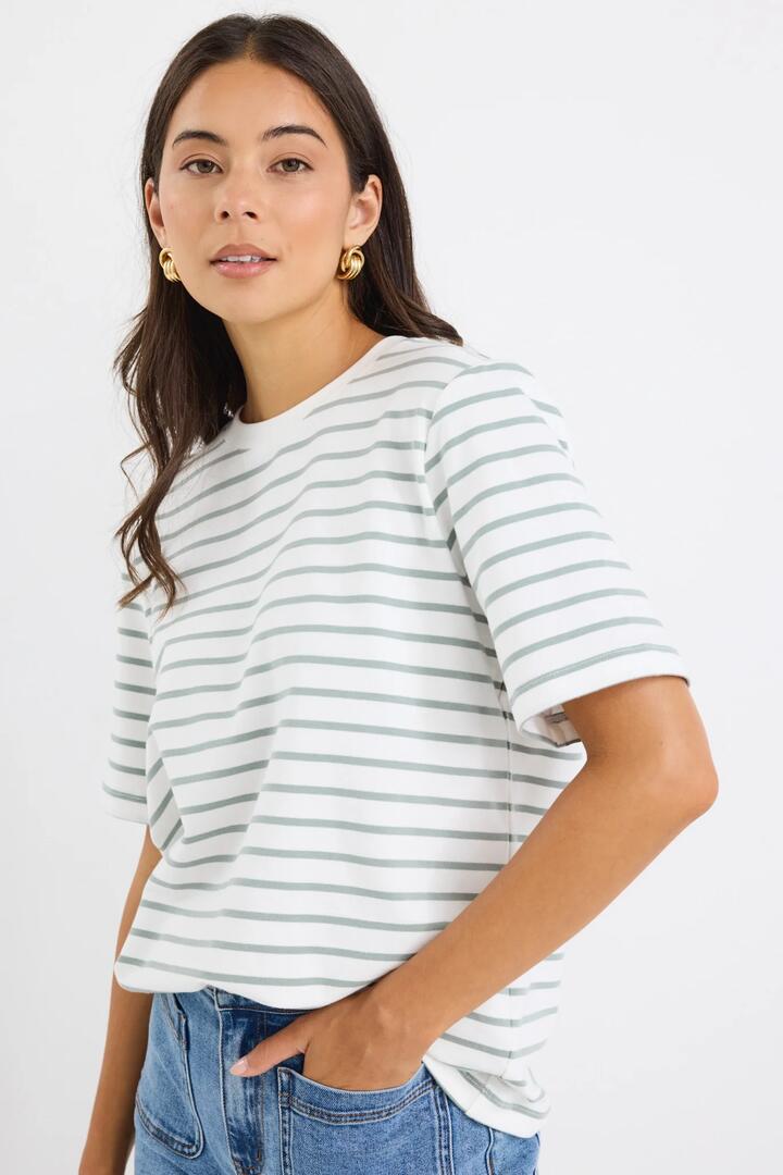 Image of a model wearing Tops. Product name - Binding Khaki White Stripe Boxy Fit Tee in Khaki White Stripe colour by brand - RE:UNION Label