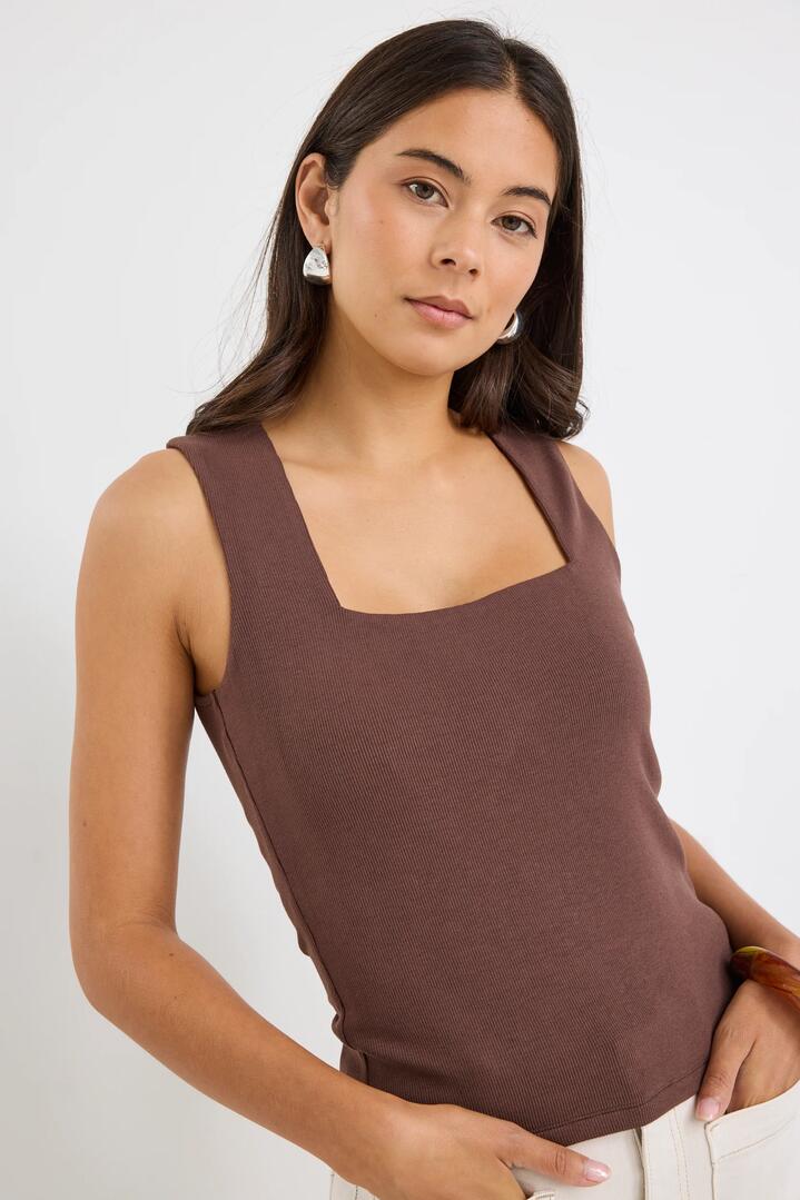 Image of a model wearing Tops. Product name - Positive Chocolate Rib Square Neck Tank in Chocolate colour by brand - Among the Brave