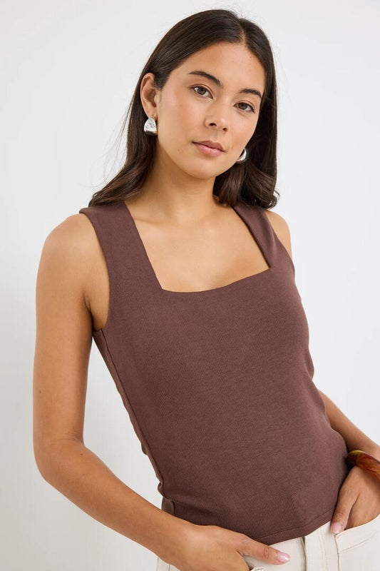 Image of a model wearing Tops. Product name - Positive Chocolate Rib Square Neck Tank in Chocolate colour by brand - Among the Brave