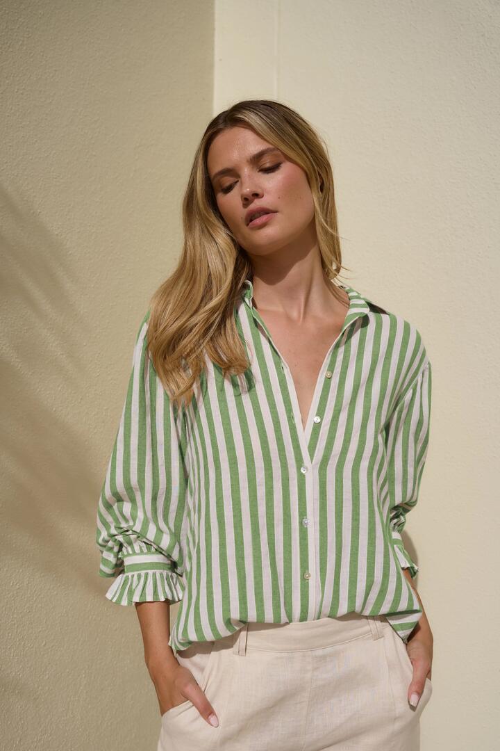 Image of Shirts. Product name - Connection Moss Stripe Drop Shoulder LS Shirt in Moss Stripe colour by brand - By Rosa.
