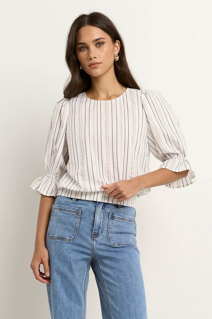 Image of a model wearing Tops. Product name - Lovely Chocolate Stripe Shirred Back SS Top in Chocolate Stripe colour by brand - Ivy + Jack