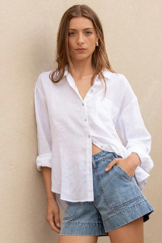Image of Shirts. Product name - Optimum White Linen Oversized Shirt in White colour by brand - RE:UNION Label