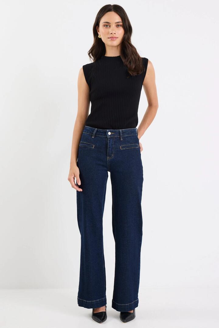 Image of Jeans. Product name - Concert Indigo Mid Rise Wide Leg Welt Pocket Jean in Indigo colour by brand - Stories be Told