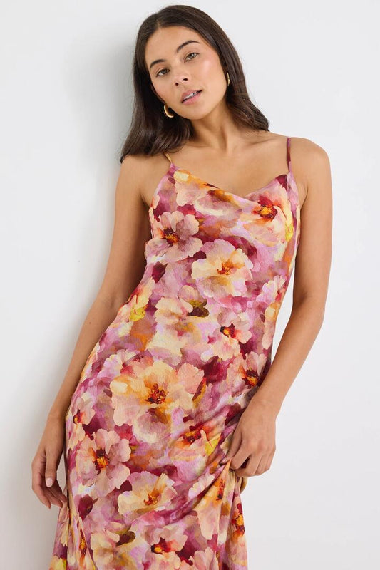 Image of Dresses. Product name - Lavish Pink Multi Floral Tie Back Bias Slip Dress in Pink Multi Floral colour by brand - Georgia Zoe