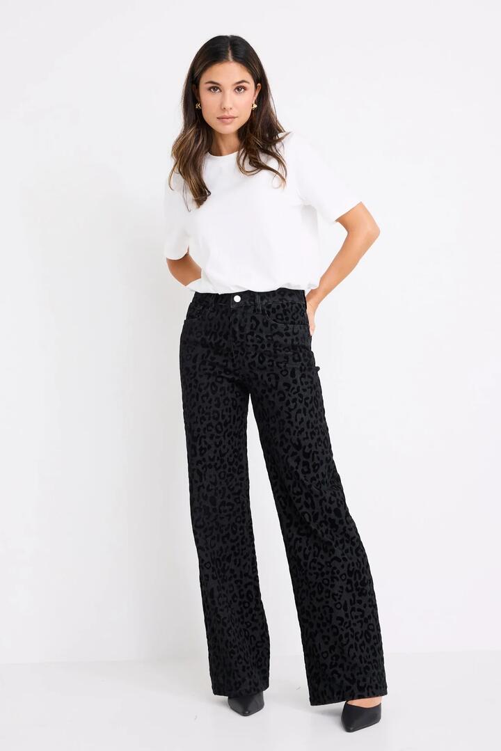 Image of Jeans. Product name - Belmont Black Animal Mid Rise Wide Leg Jean in Black Animal colour by brand - Stories be Told