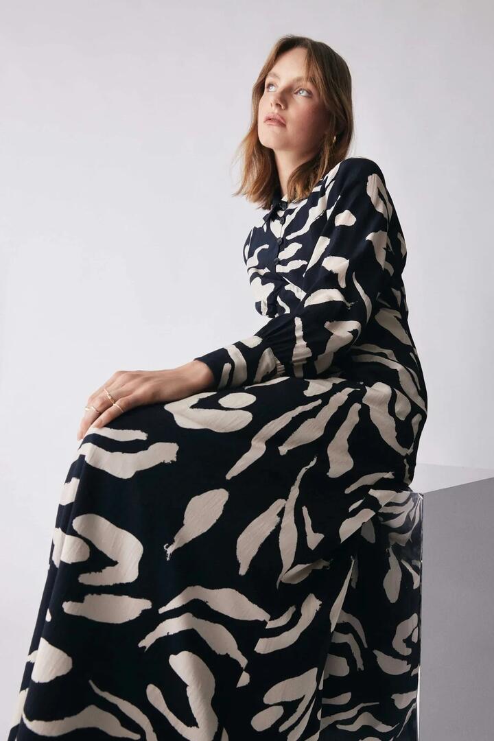 Image of Dresses. Product name - Soiree Black Pattern Front Button LS Maxi Dress in Black colour by brand - Esmaee