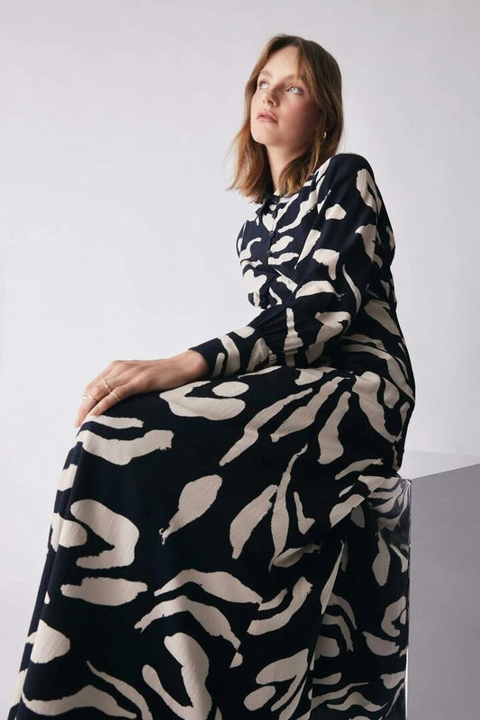 Image of Dresses. Product name - Soiree Black Pattern Front Button LS Maxi Dress in Black colour by brand - Esmaee