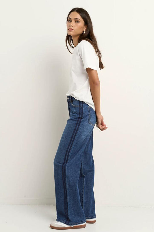 Image of Jeans. Product name - Manhattan Mid Blue Mid Rise Side Stripe Wide Leg Jean in Mid Blue colour by brand - Stories be Told