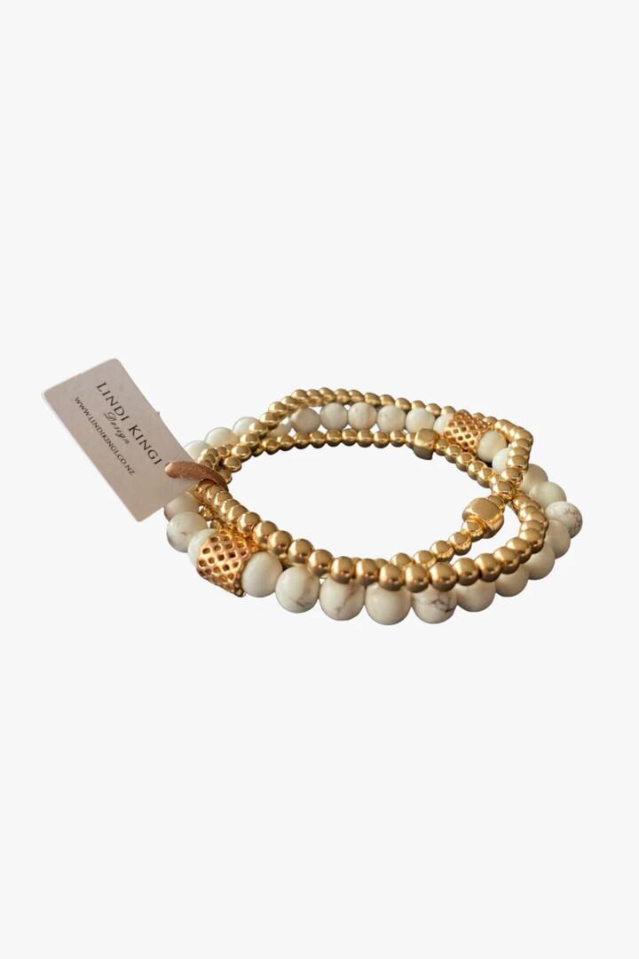 Image of Jewelry. Product name - Howlite Cream and Gold Bracelet Set in White colour by brand - Lindi Kingi