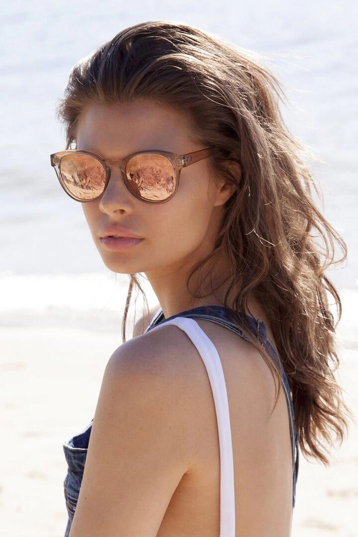 Image of Sunglasses. Product name - Paramount Round Clear Tan Brass Mirror Lens Sunglasses in Tan colour by brand - Le Specs