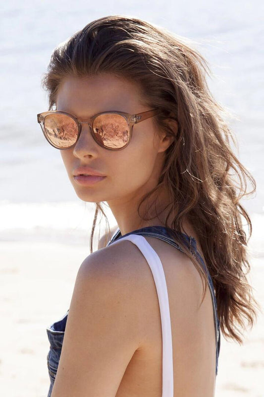 Image of Sunglasses. Product name - Paramount Round Clear Tan Brass Mirror Lens Sunglasses in Tan colour by brand - Le Specs
