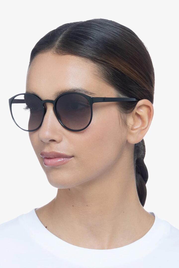 Image of Sunglasses. Product name - Swizzle Thin Round Matte Black Smoke Gradient Lens Sunglasses in Black colour by brand - Le Specs