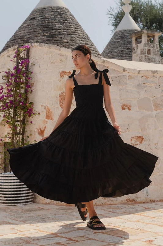 Image of Dresses. Product name - Isabella Black Cotton Poplin Strappy Tiered Maxi Dress in Black colour by brand - Ivy + Jack