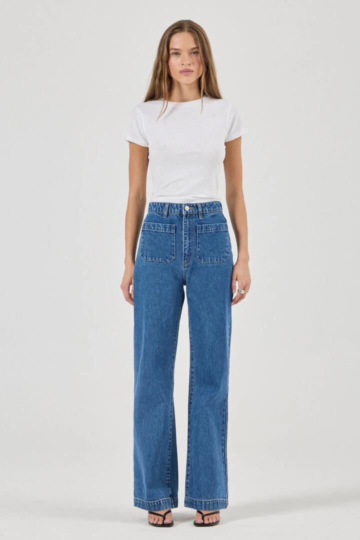 Image of Jeans. Product name - Sailor Ashley Blue Front Pocket Wide Long Denim Jean in Blue colour by brand - Rollas