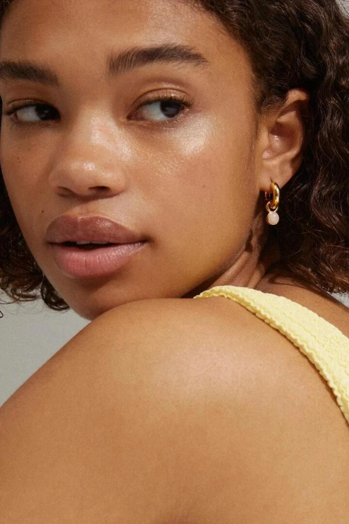 Image of Jewelry. Product name - Evah Rosa Hoop Recycled Gold Plated Earrings in Gold colour by brand - Pilgrim